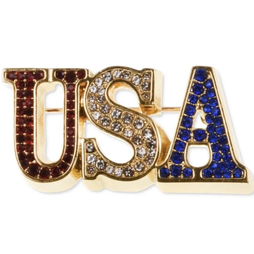 USA PATRIOTIC RHINESTONE BROOCH LAPEL PIN GOLD TONE RED WHITE BLUE 4TH OF JULY